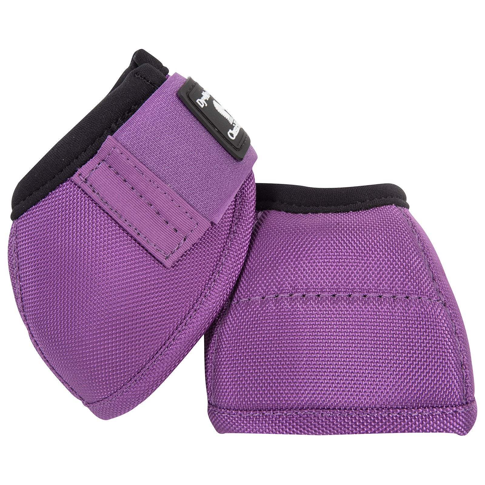 Classic Equine Dyno Turn Violet Purple Bell Boots. Pair of purple protective pads with black accents on a white background