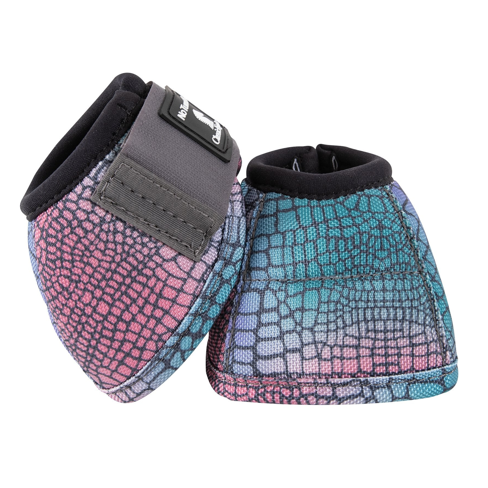 Classic Equine DyNo Turn Gator Bell Boot. Pair of colorful horse boots with patterned design on a white background