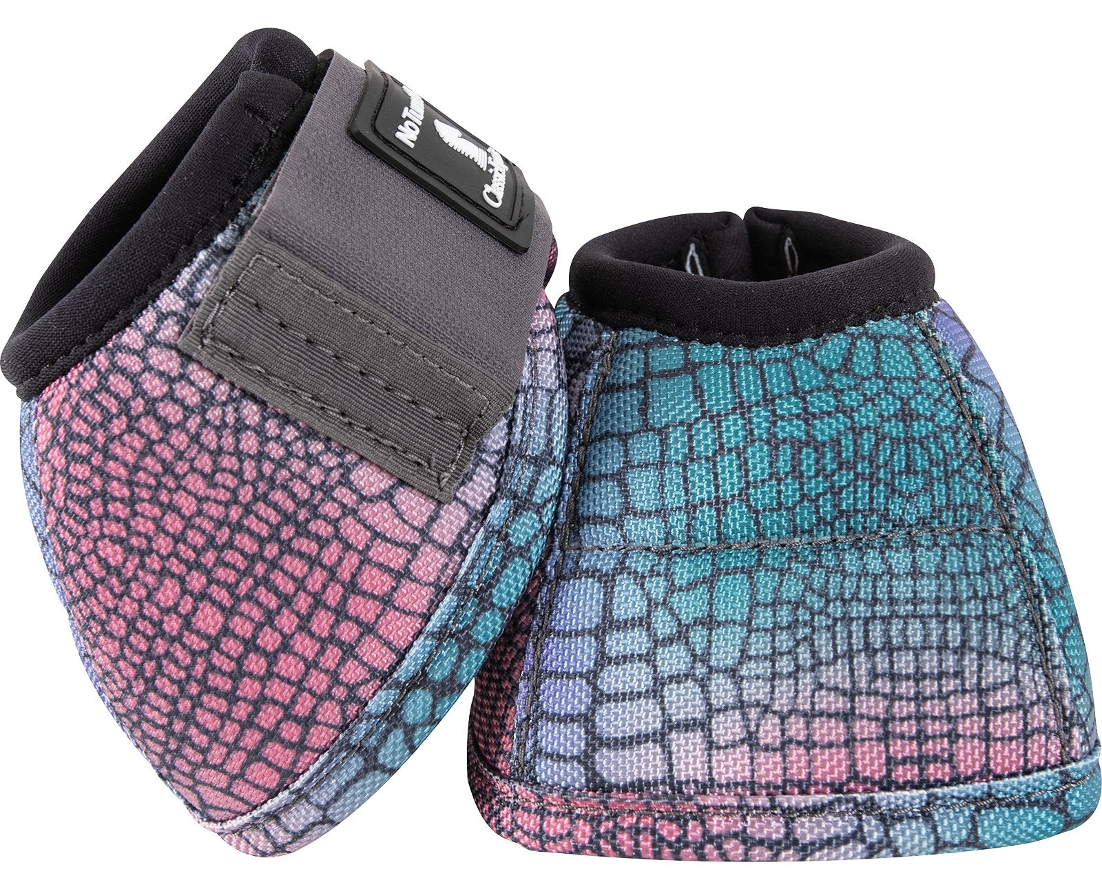 Classic Equine DyNo Turn Gator Bell Boot. Pair of colorful horse boots with patterned design on a white background
