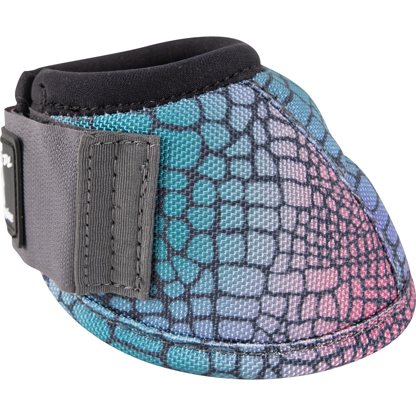 Classic Equine DyNo Turn Gator Bell Boot. Pair of colorful horse boots with patterned design on a white background