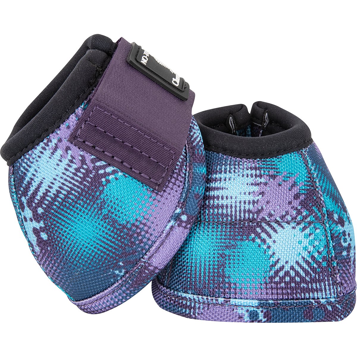 Classic Equine DyNo Turn Splash Bell Boots. Pair of purple and blue patterned horse boots on a white background