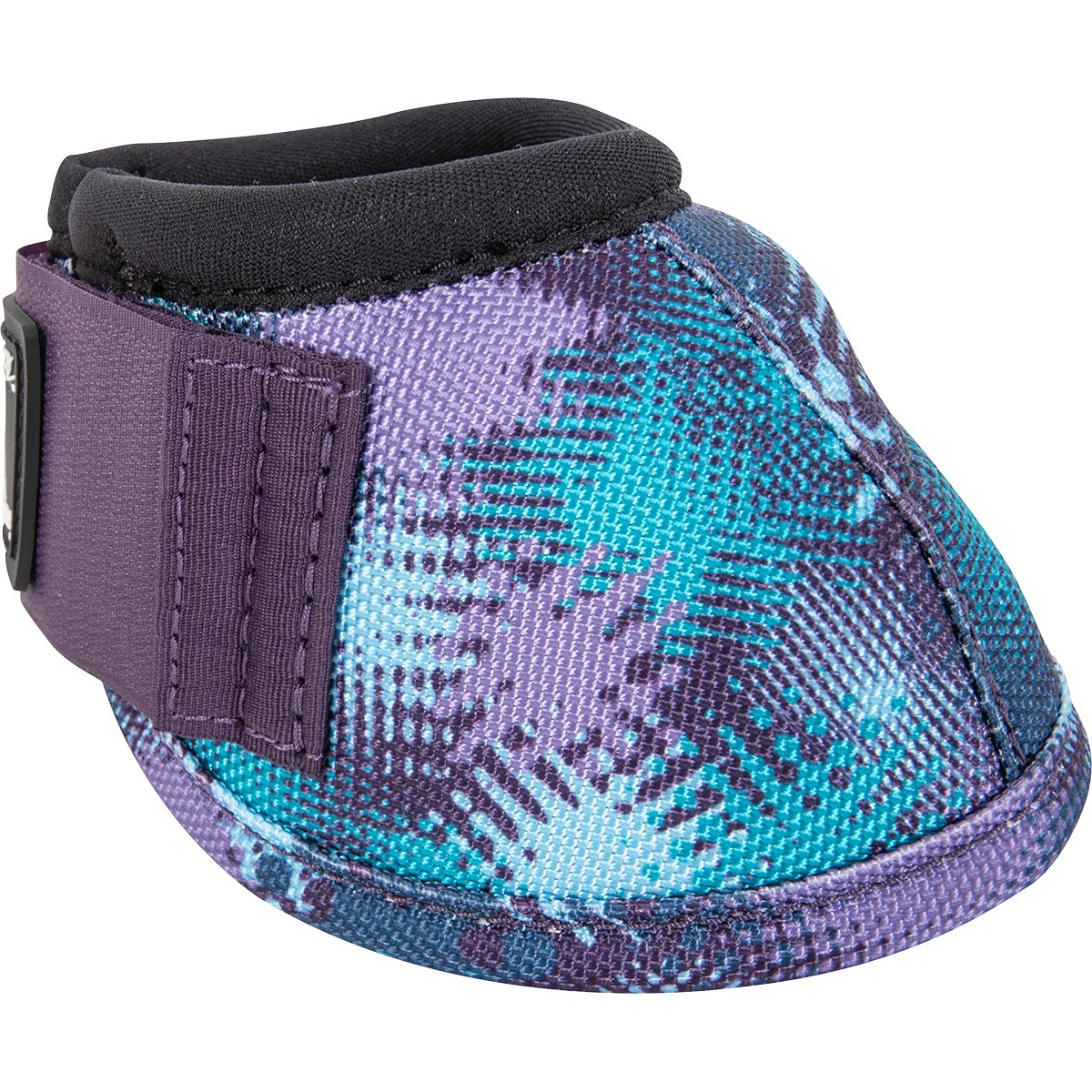 Classic Equine DyNo Turn Splash Bell Boots. Pair of purple and blue patterned horse boots on a white background