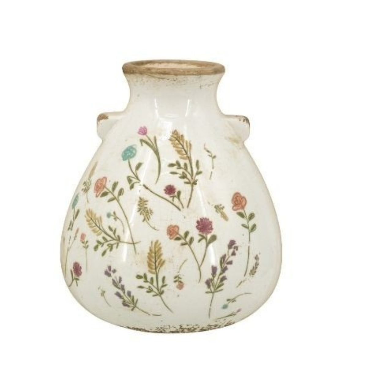 A small vintage-style ceramic vase with a rounded body, narrow neck, and two side handles, decorated with a hand-painted botanical pattern of flowers and leaves on an off-white glaze.