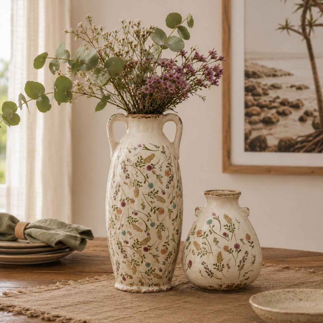 A small vintage-style ceramic vase with a rounded body, narrow neck, and two side handles, decorated with a hand-painted botanical pattern of flowers and leaves on an off-white glaze.