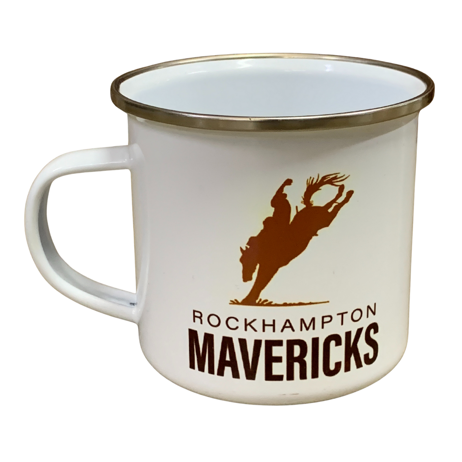 White mug with brown rim featuring 'Rockhampton Mavericks' logo on a white background