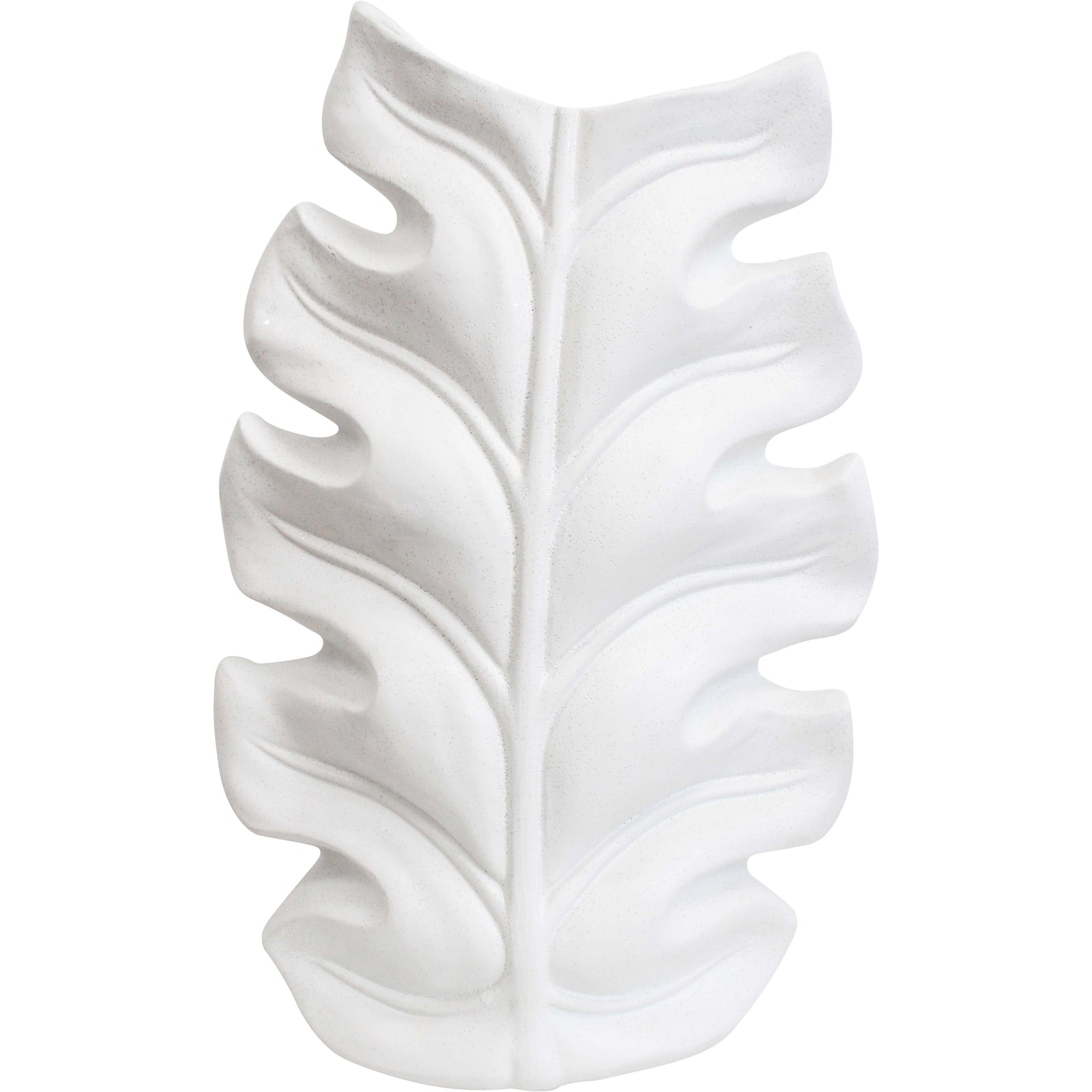 Rustic White Leaf Vase. White ceramic vase with wavy design on a white background