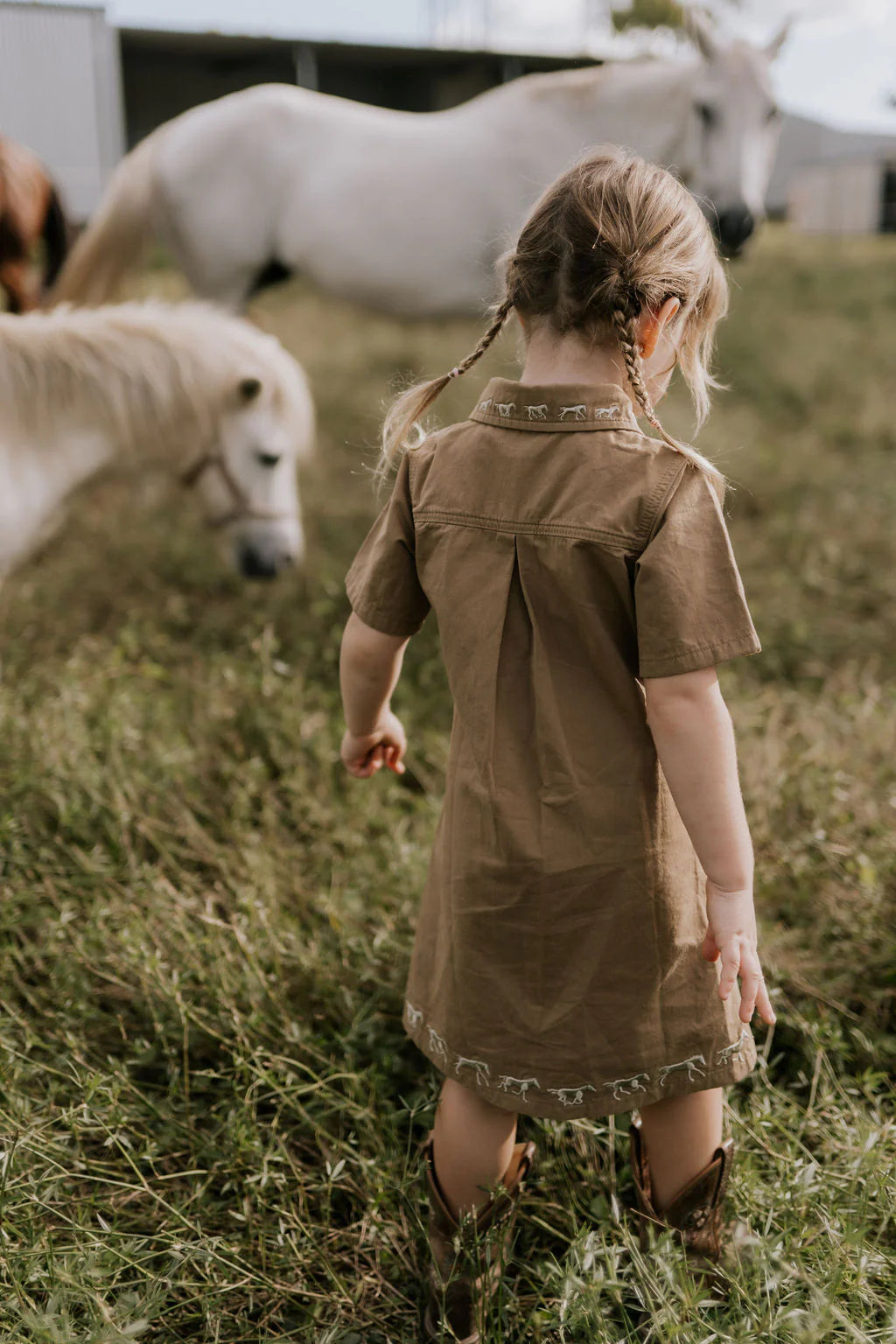 Little Windmill Cheyenne Western Mocha Dress. Young girl in a brown dress standing in a field with horses in the background