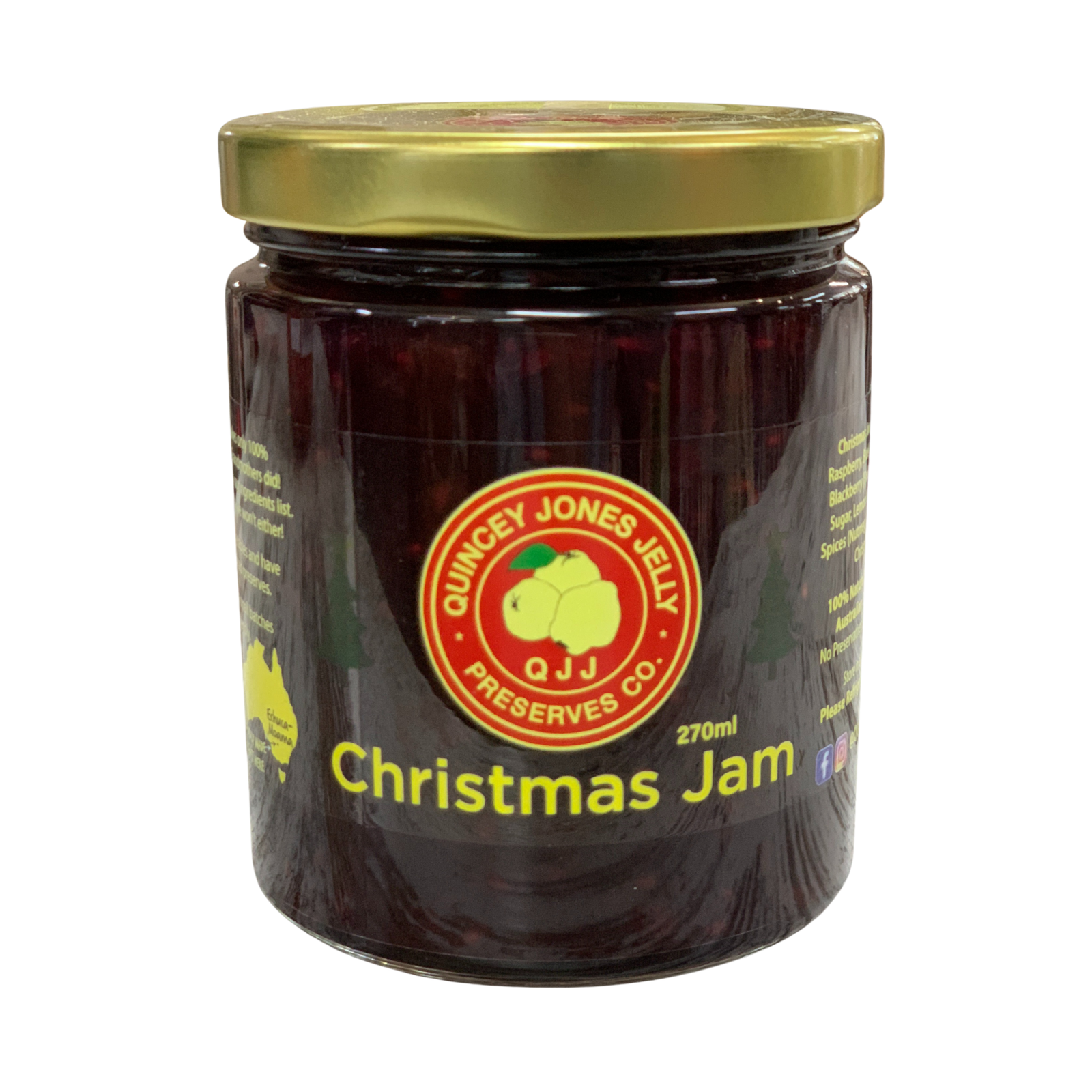 Quincey Jones 270ml Christmas Jam. Jar of Quincey Jones Jelly Christmas Jam with a gold lid on a white background
