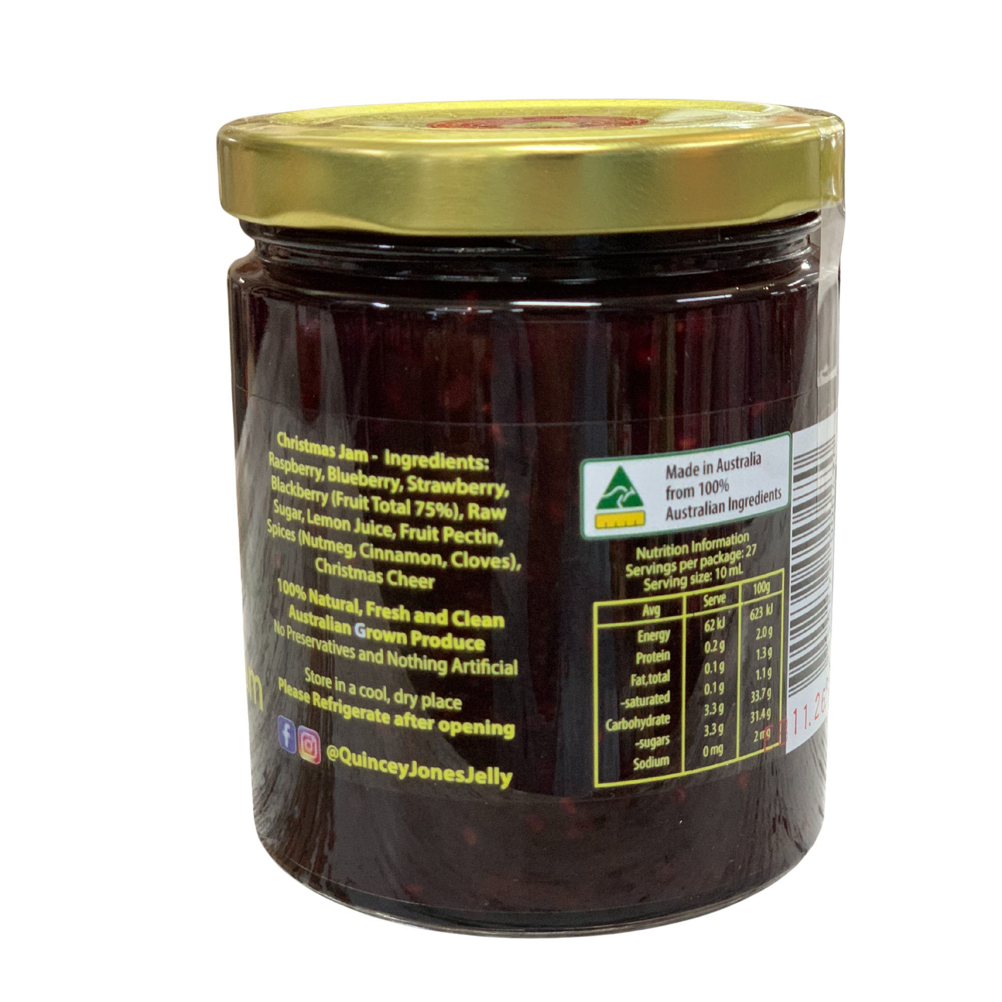 Quincey Jones 270ml Christmas Jam. Jar of jelly with a gold lid on a white background