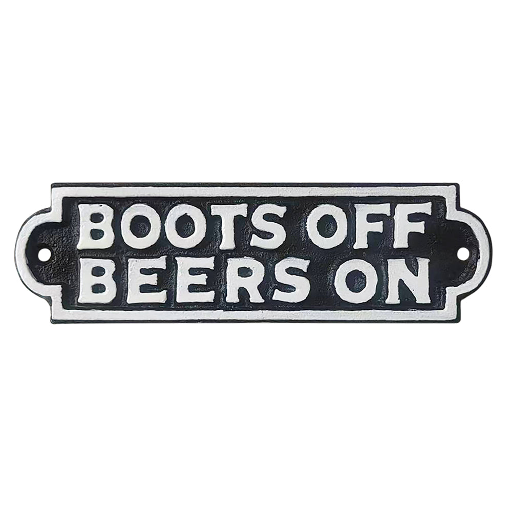 Decorative sign with 'Boots Off Beers On' text on a white background
