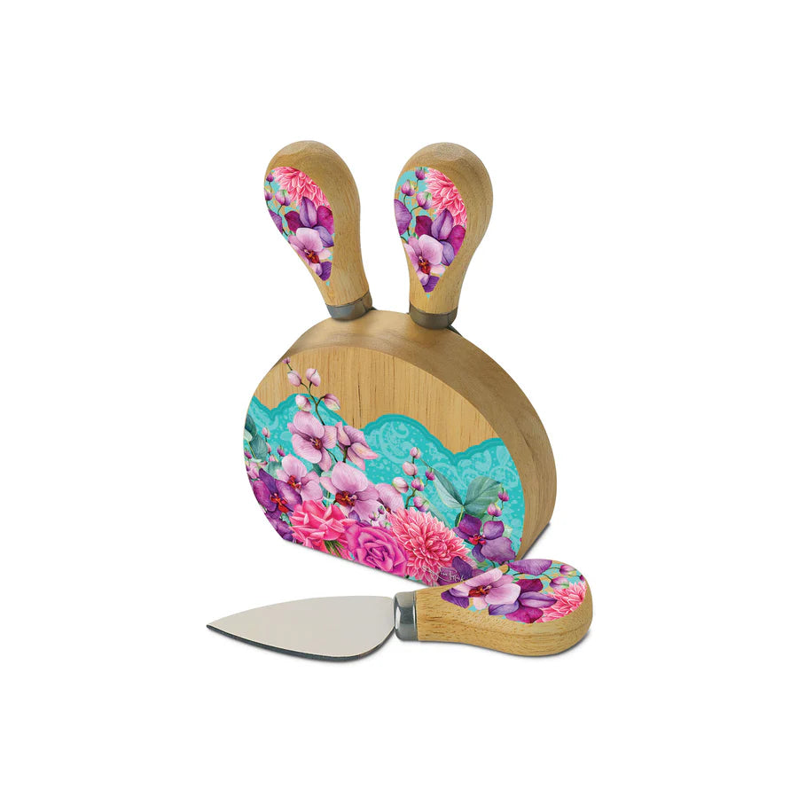 Lisa Pollock Rose Bouquet Knife Block. Floral-patterned paddle and knife set on a white background