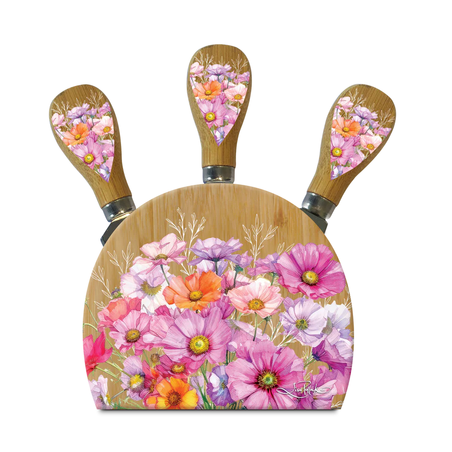 Lisa Pollock Wistful Wildflower Magnetic Knife Block. Wooden paddle with floral design and matching knife on a white background