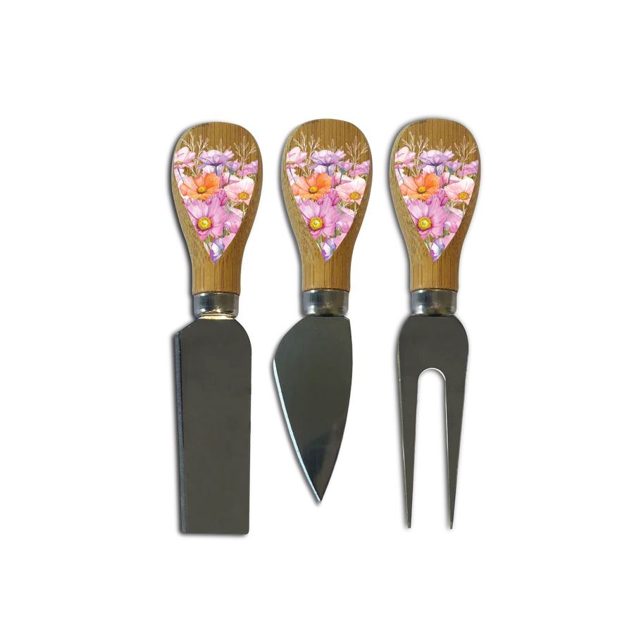 Lisa Pollock Wistful Wildflower Magnetic Knife Block. Set of three cheese tools with floral handles on a white background