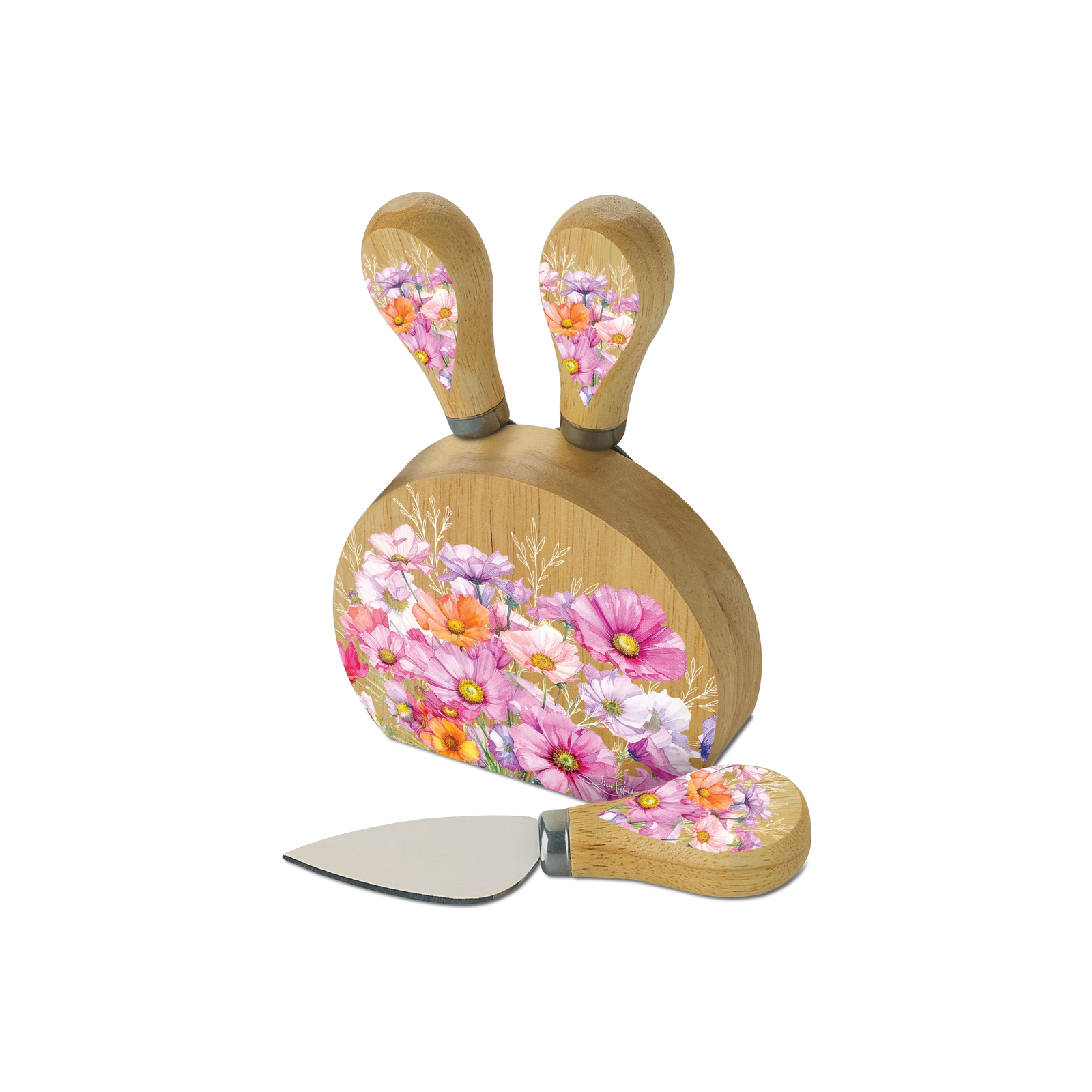 Lisa Pollock Wistful Wildflower Magnetic Knife Block. Wooden paddle with floral design and matching knife on a white background