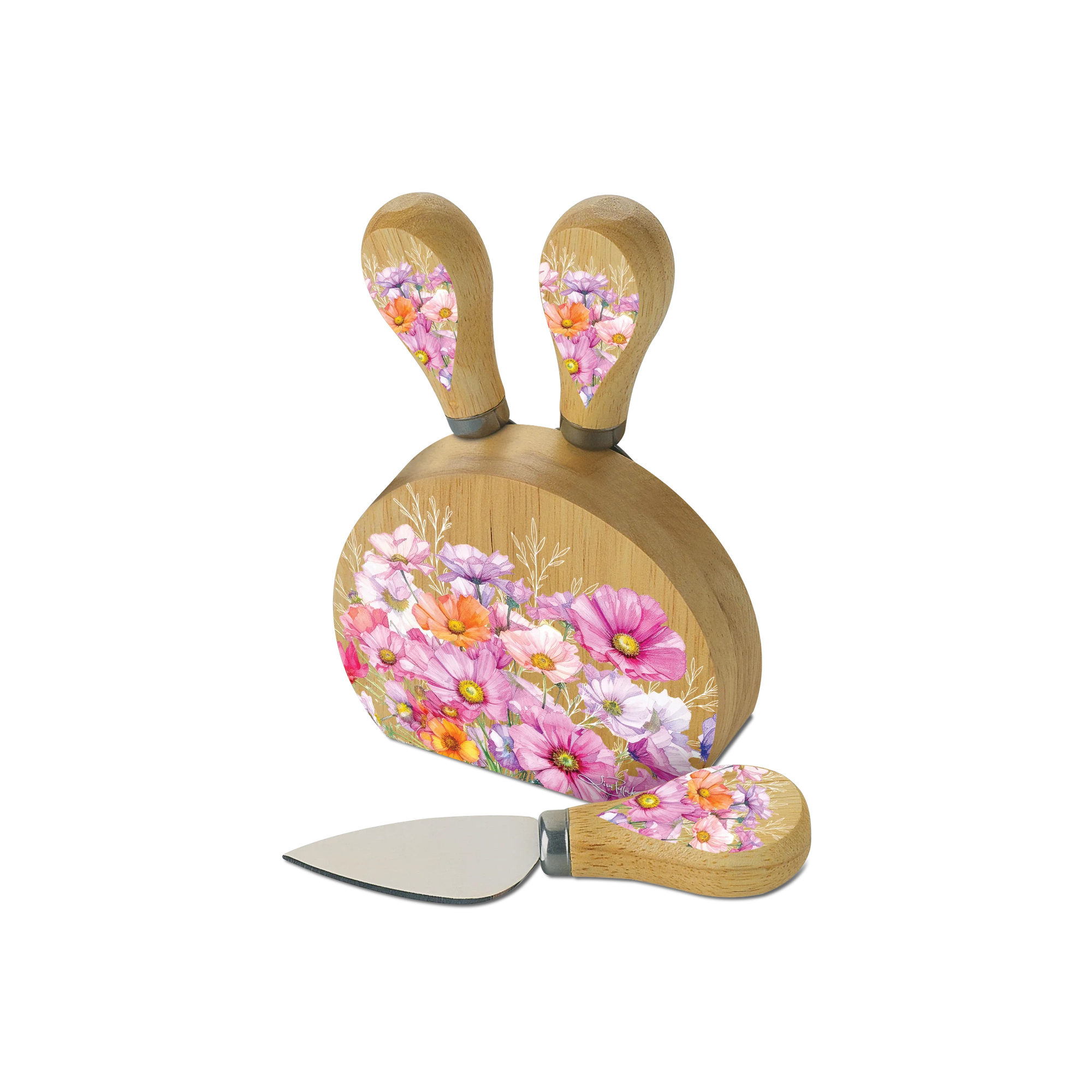 Lisa Pollock Wistful Wildflower Magnetic Knife Block. Wooden paddle with floral design and matching knife on a white background