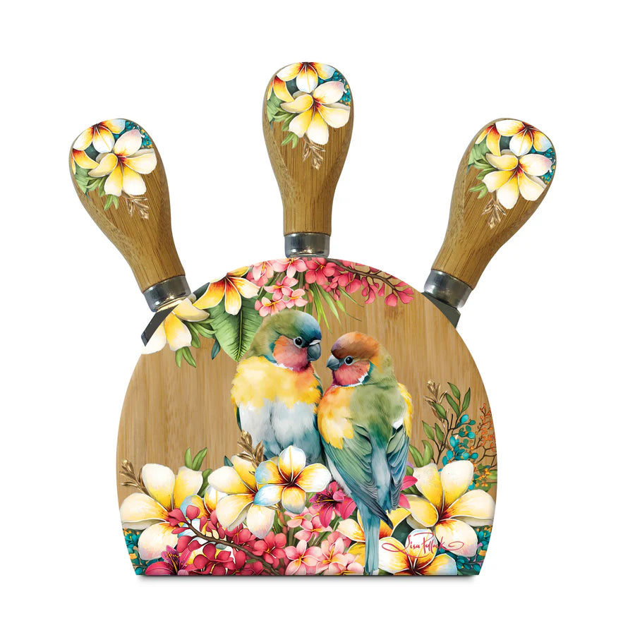 Lisa Pollock Paradise Love Bird Magnetic Knife Block. Wooden paddle with bird and floral design on a white background