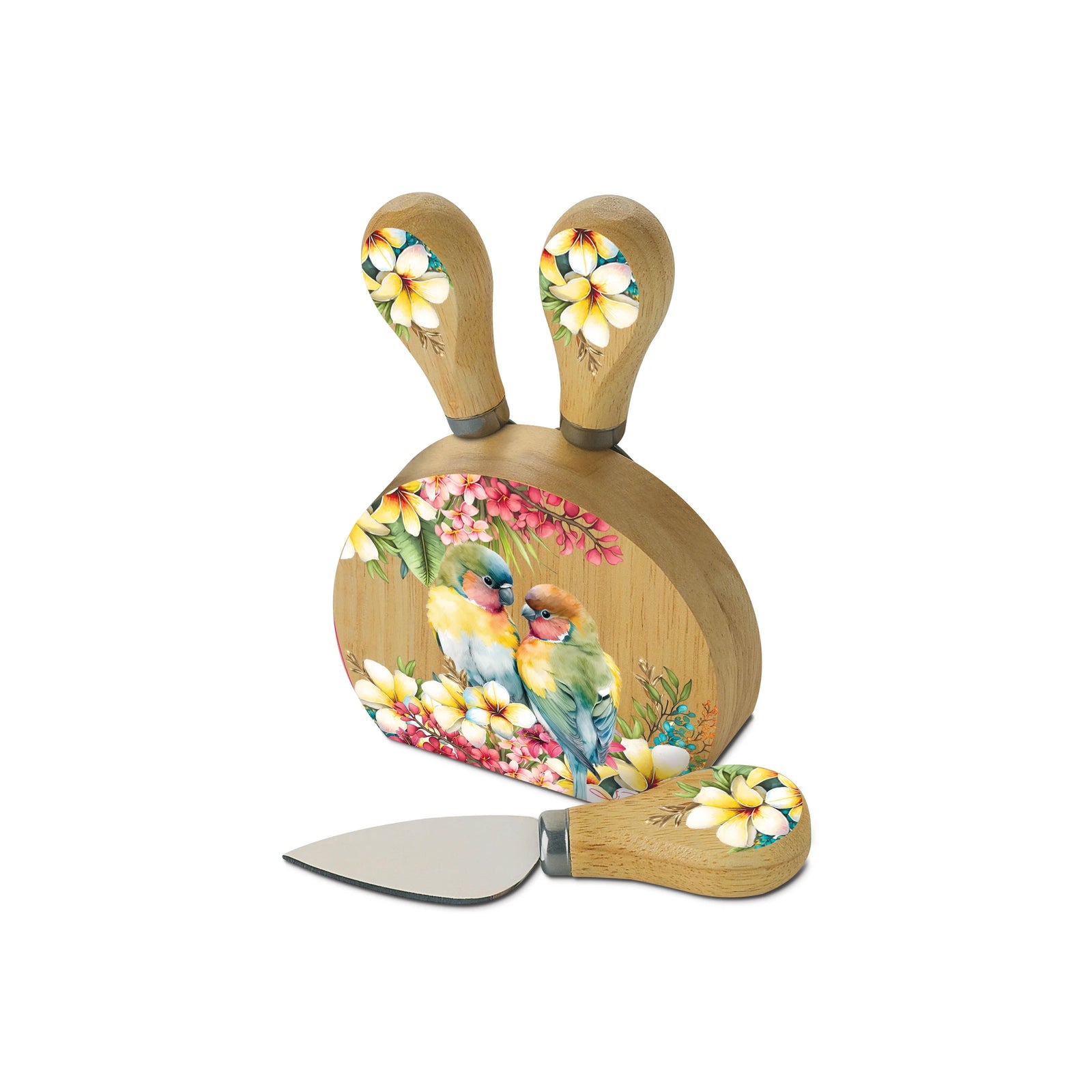 Lisa Pollock Paradise Love Bird Magnetic Knife Block. Wooden cutting board with floral and bird design, accompanied by a knife on a white background