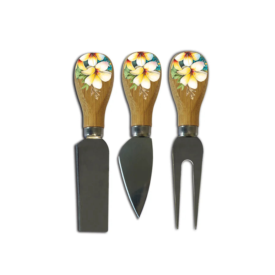 Lisa Pollock Paradise Love Bird Magnetic Knife Block. Set of three cheese tools with floral handles on a white background