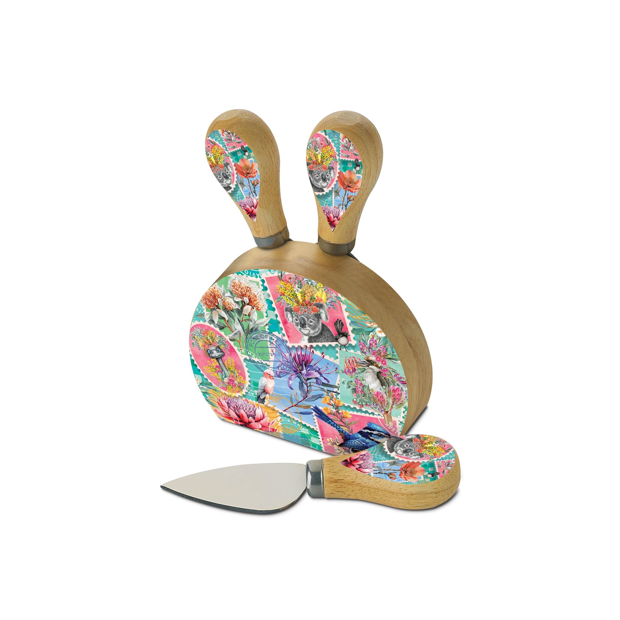 Lisa Pollock Pretty Postage Block. Decorative cheese board with floral pattern and matching knife on a white background