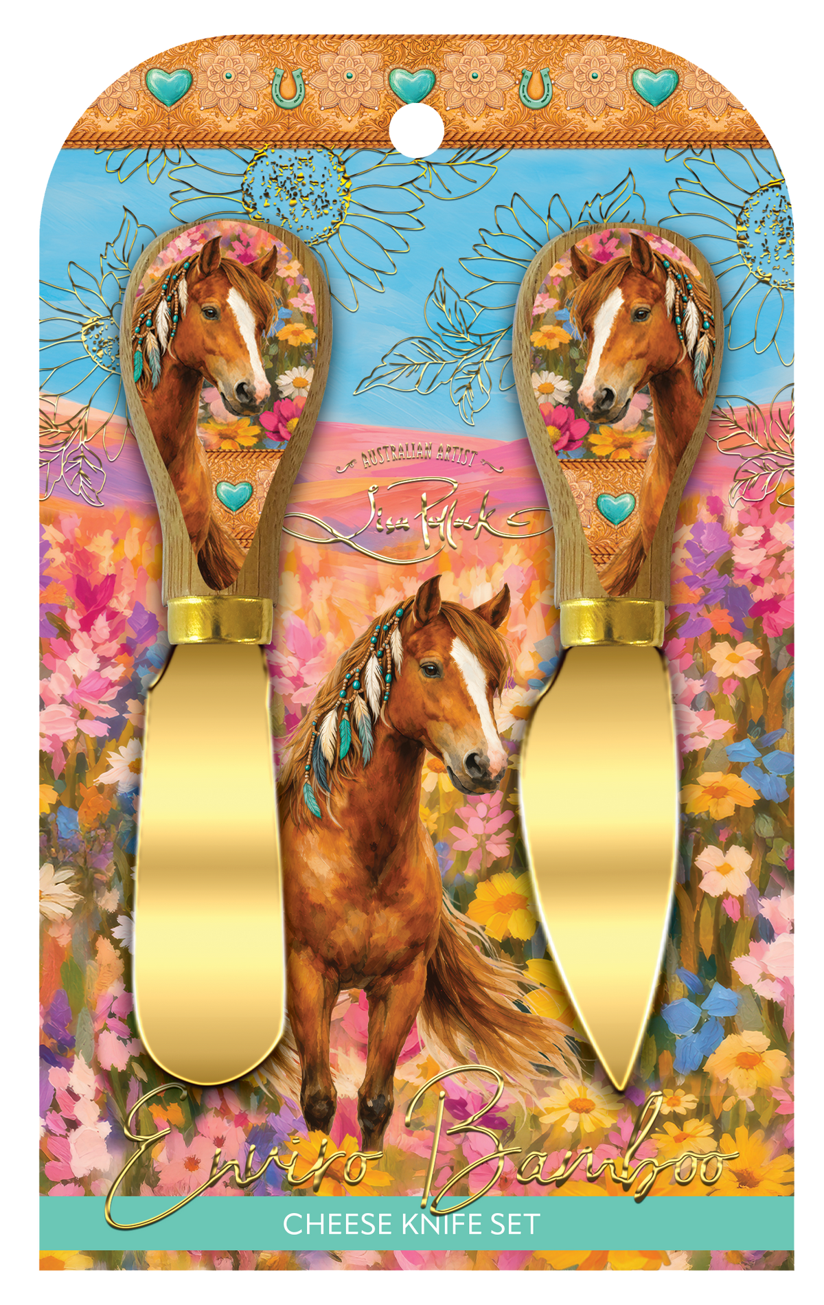 A cheese knife set in retail packaging, featuring two gold-colored cheese knives with wooden handles decorated with a colorful illustration of a brown horse and flowers. The packaging card has a matching floral design with the text 'Enrico Bamboo' and 'CHEESE KNIFE SET'.