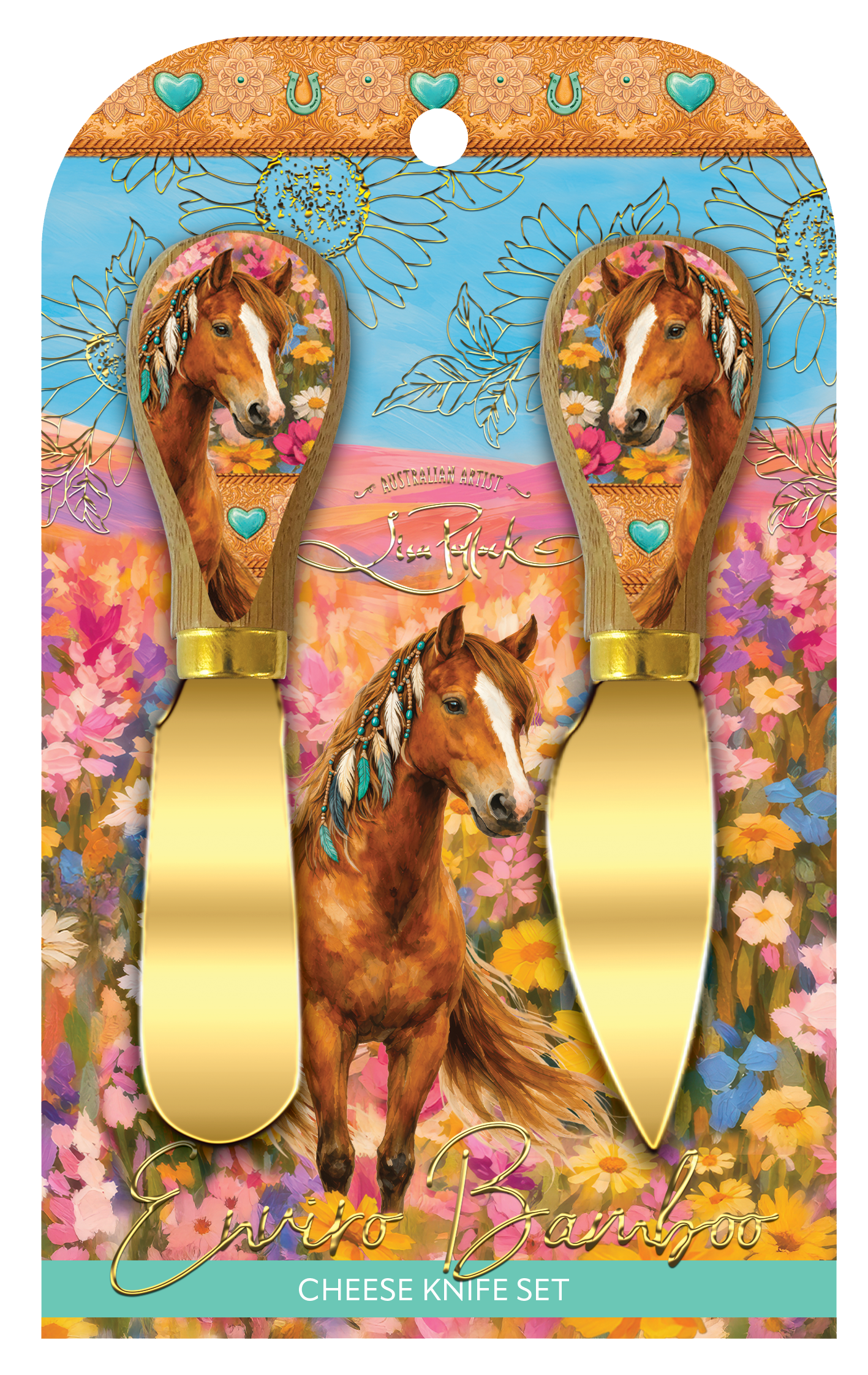 A cheese knife set in retail packaging, featuring two gold-colored cheese knives with wooden handles decorated with a colorful illustration of a brown horse and flowers. The packaging card has a matching floral design with the text 'Enrico Bamboo' and 'CHEESE KNIFE SET'.