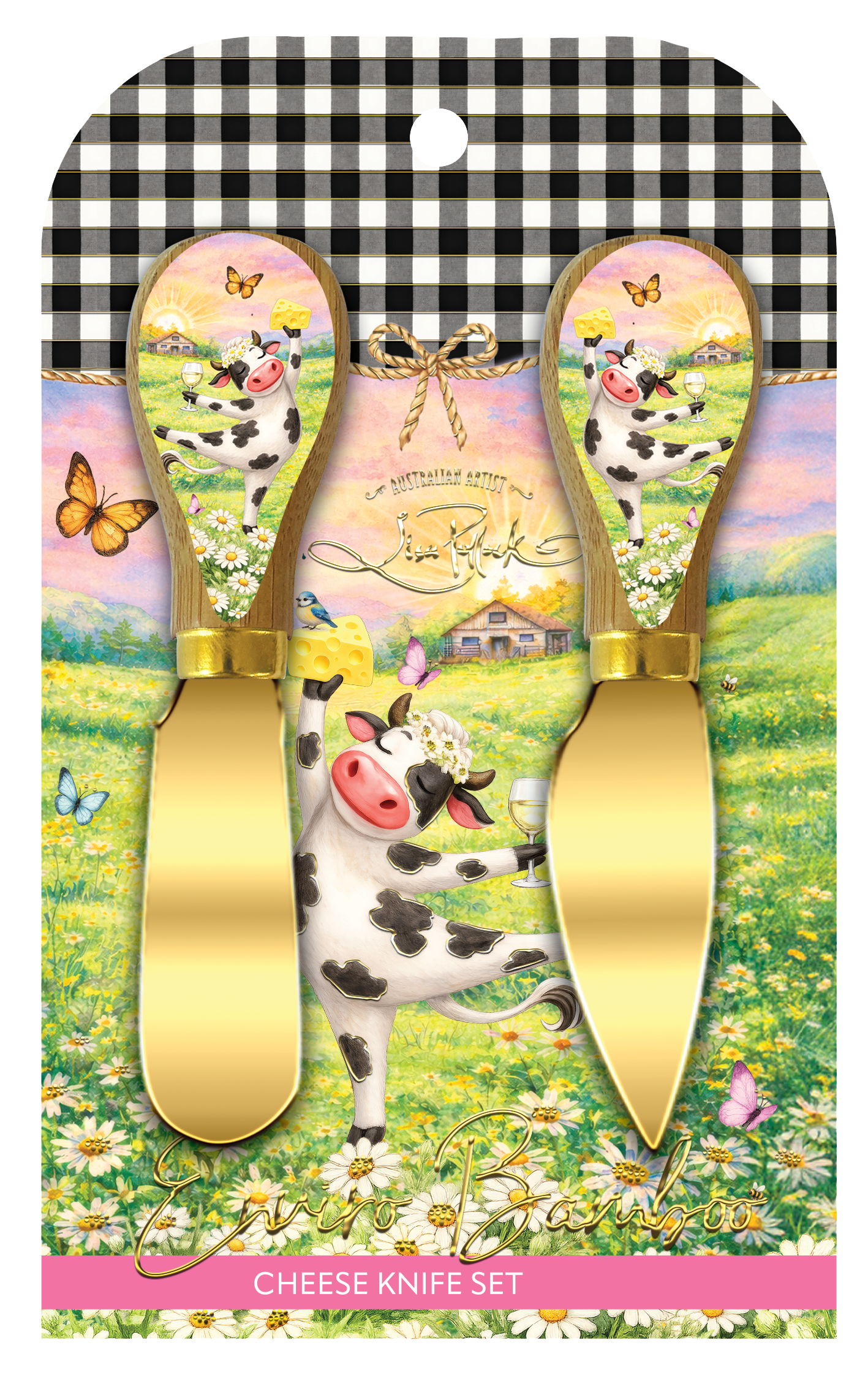 A decorative cheese knife set in retail packaging. The set includes two gold-colored cheese knives with handles featuring a whimsical cow illustration in a flower field, mounted on a printed backing card with a black-and-white gingham top and a pink 'CHEESE KNIFE SET' label at the bottom.