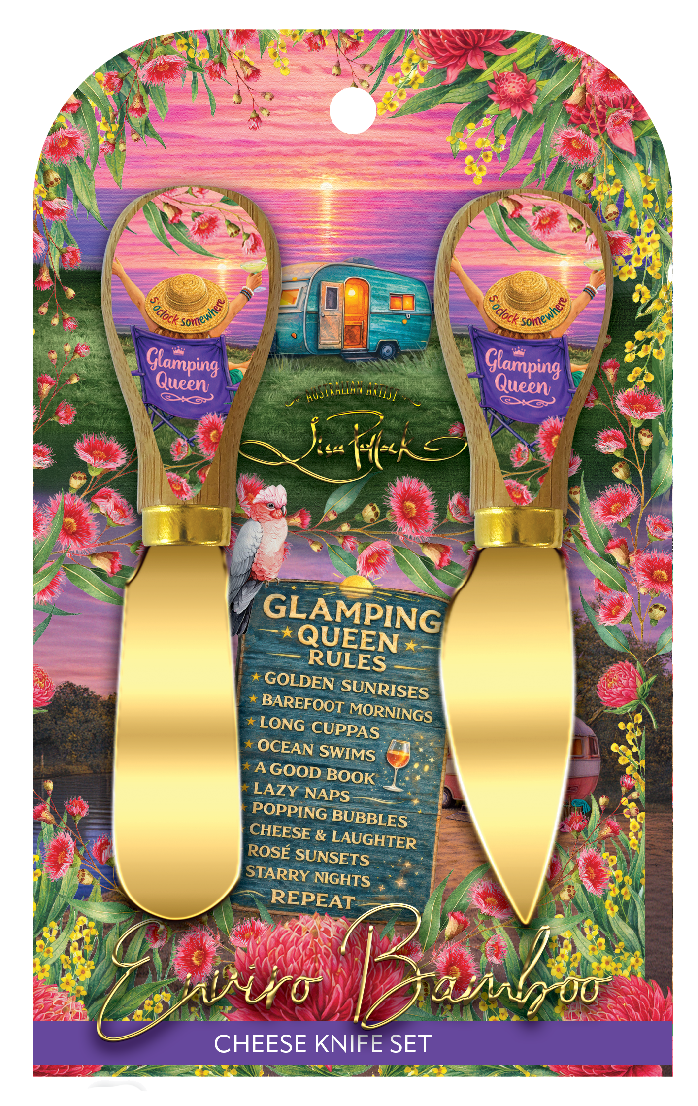 Jim Hall Envy Bamboo Cheese Knife Set in a tropical floral carded packaging. The set features two gold cheese knives with purple handles decorated with a colorful sunset cabin illustration and the 'Glamping Queen' title.
