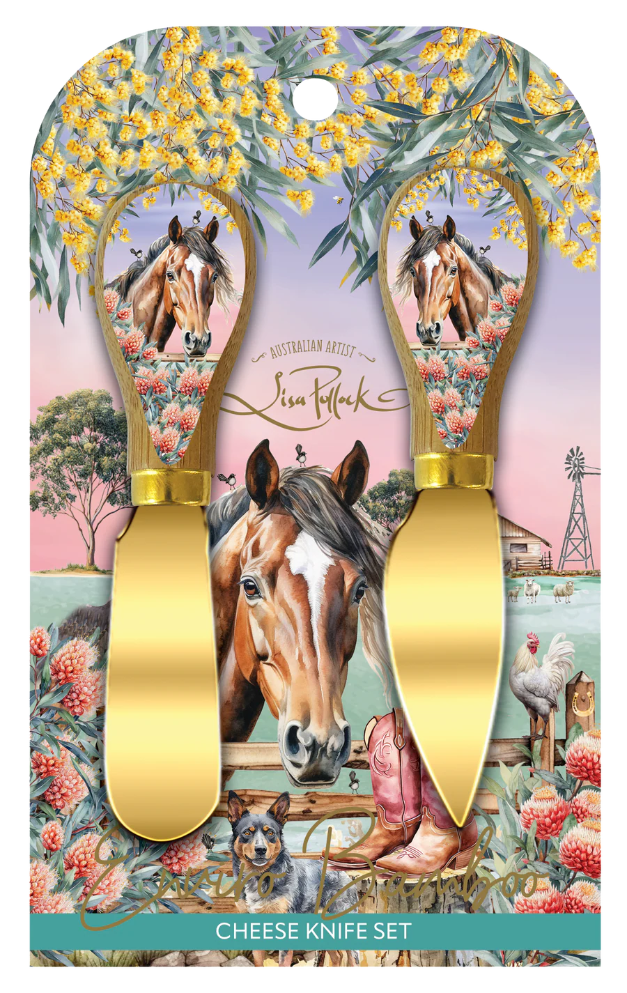 Lisa Pollock Country Dusk Cheese Knives. Cheese knife set with horse design on a colorful packaging