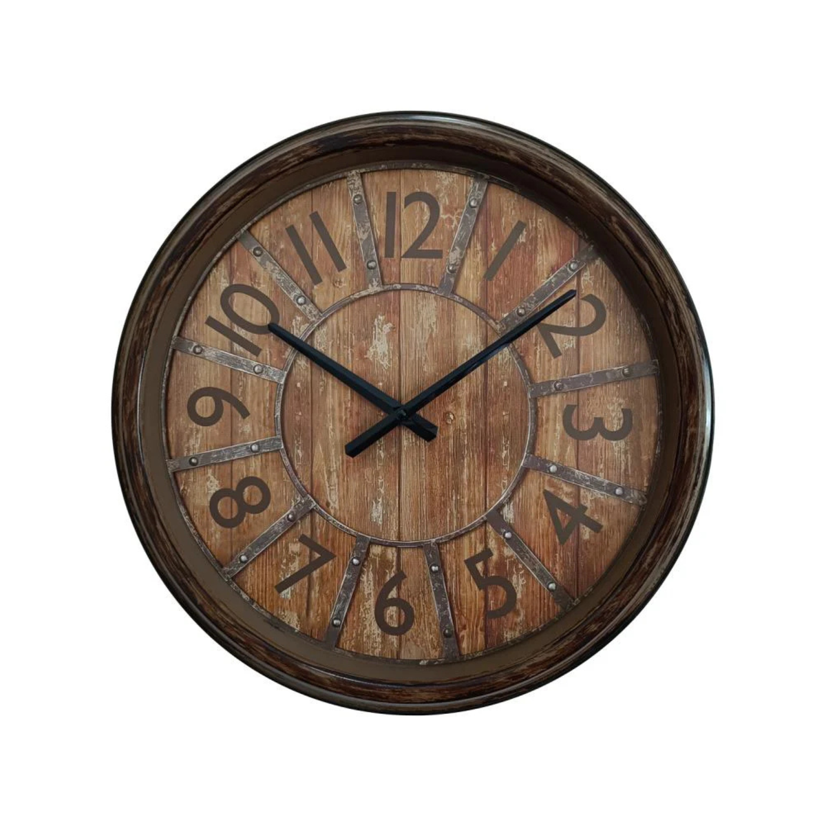Malmar Antique Brown Clock with Numbers. Wooden wall clock with black hands on a white background