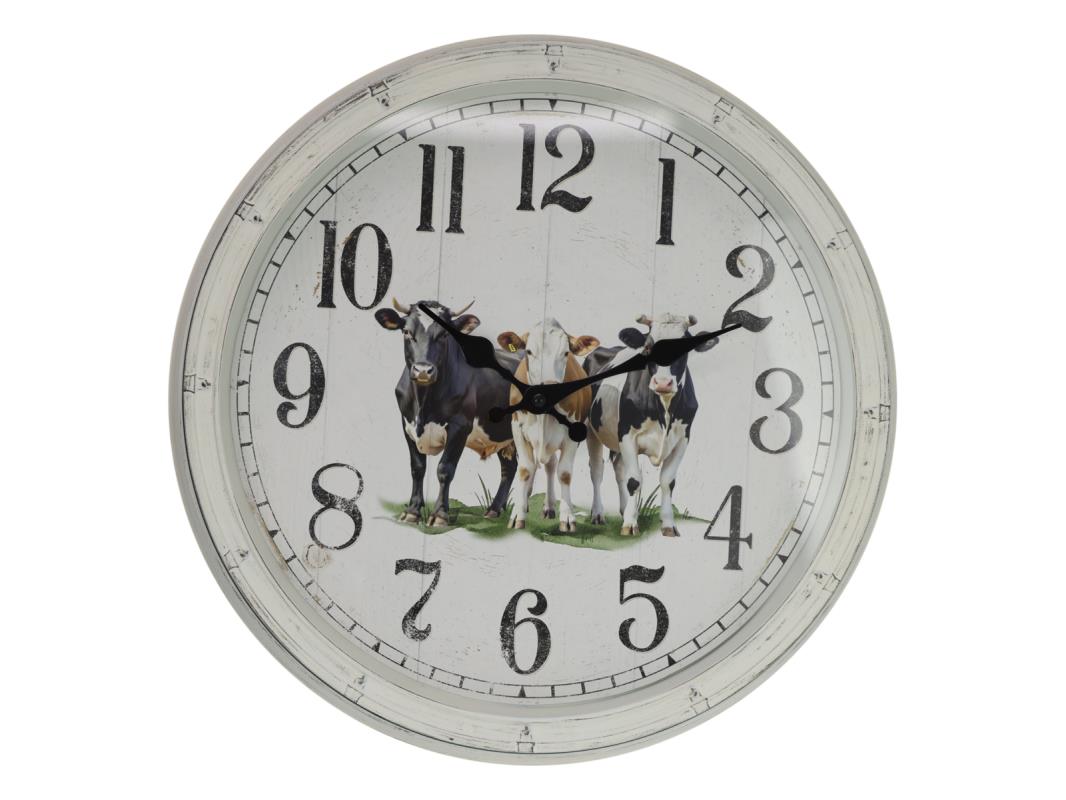Malmar Black & White Cow Clock. Round wall clock with cow illustration on a white background