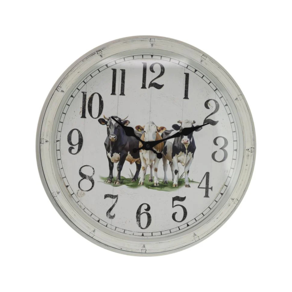 Malmar Black &amp; White Cow Clock. Round wall clock with cow illustration on a white background