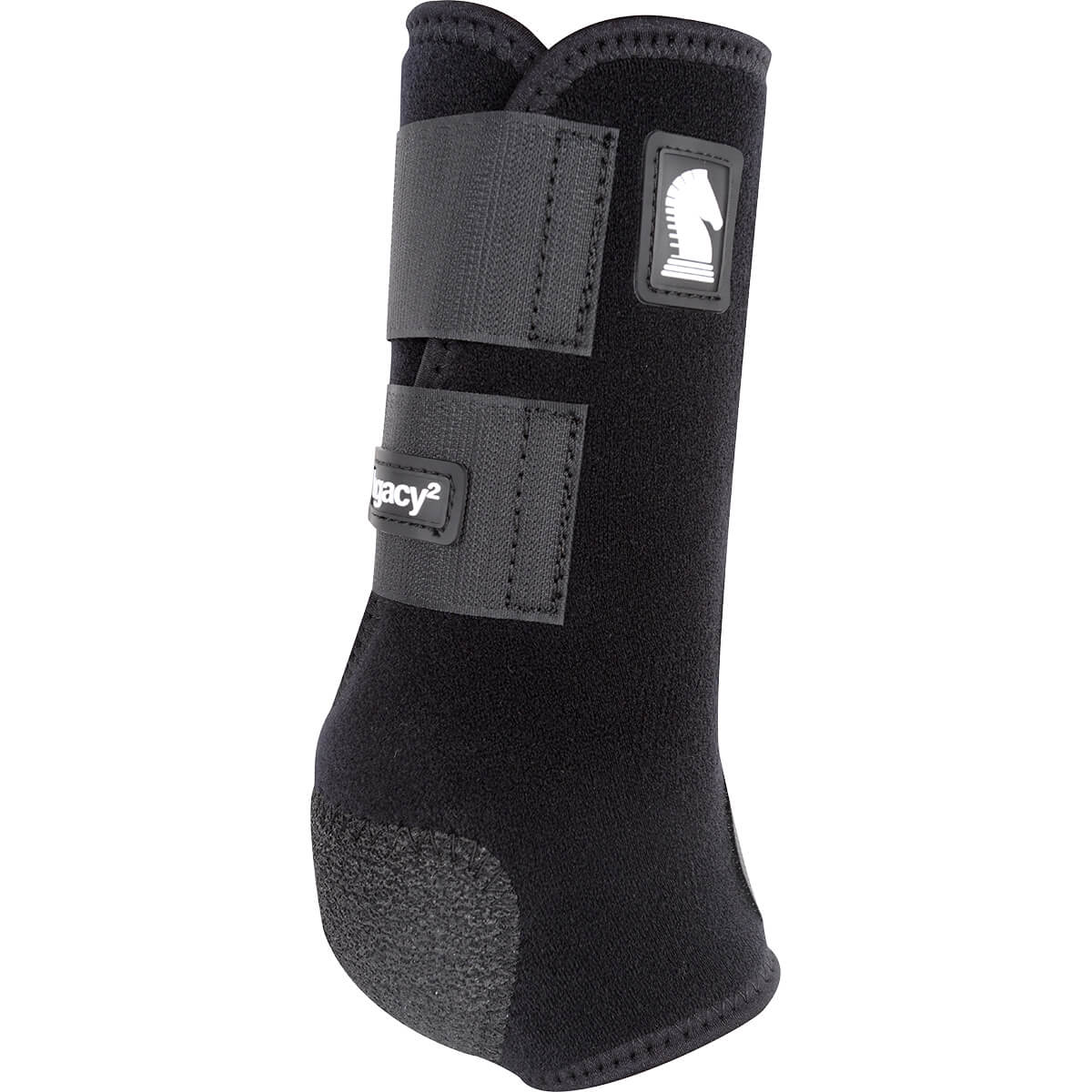 Classic Equine Legacy2 Front Boots. A black Classic Equine Legacy2 front boot for horses, featuring a hook-and-loop closure and a protective pad over the tendon.