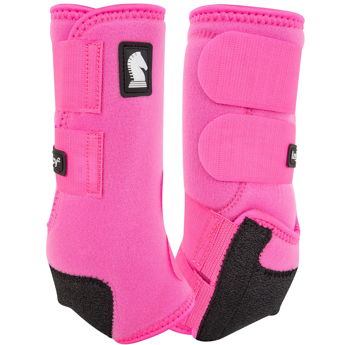 Classic Equine Legacy2 Hot Pink Front Support Boots. Pair of pink protective horse boots with black soles on a white background