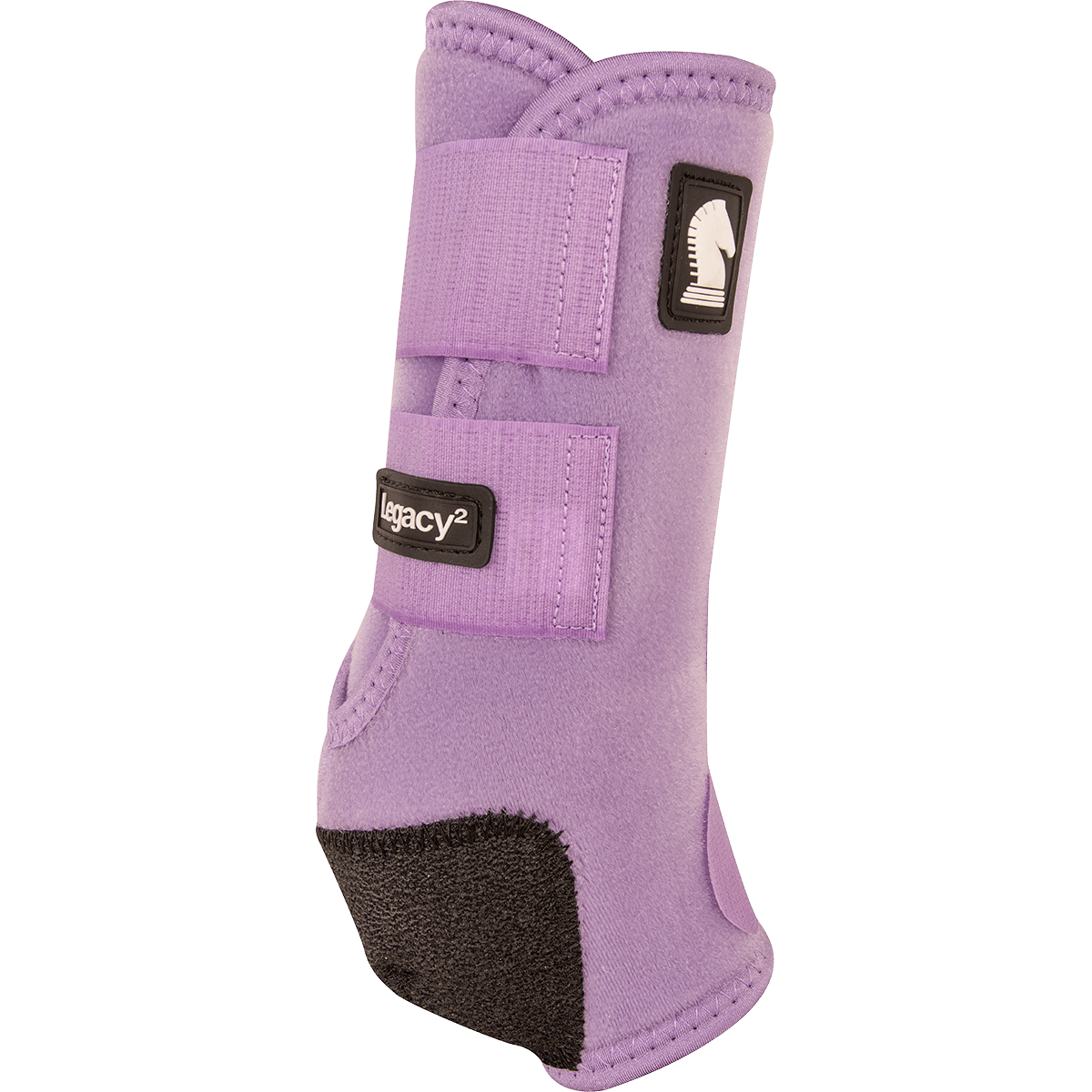 Classic Equine Legacy2 Front Boots.  A lilac Classic Equine Legacy2 front boot for horses, featuring a hook-and-loop closure and a protective pad over the tendon.