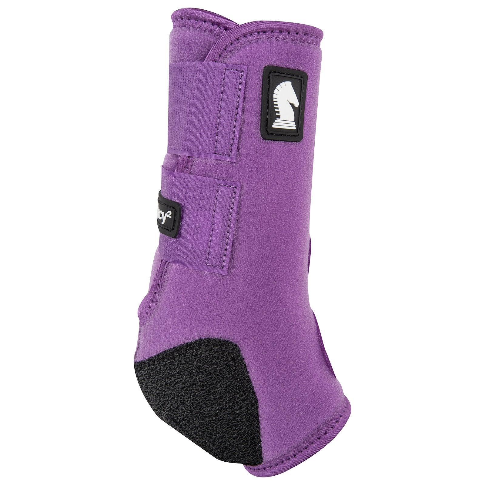 Classic Equine Legacy2 Violet Purple Front Support Boots. Purple protective boot for horse feet with a brand logo on a white background