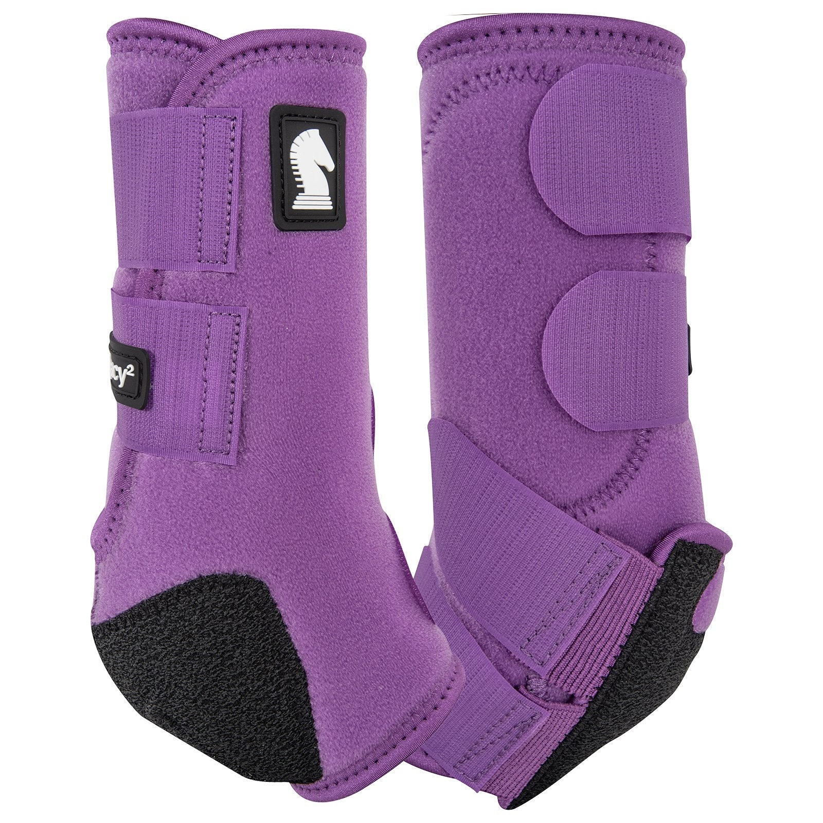 Classic Equine Legacy2 Violet Purple Hind Support Boots. Purple protective horse boots with black accents on a white background