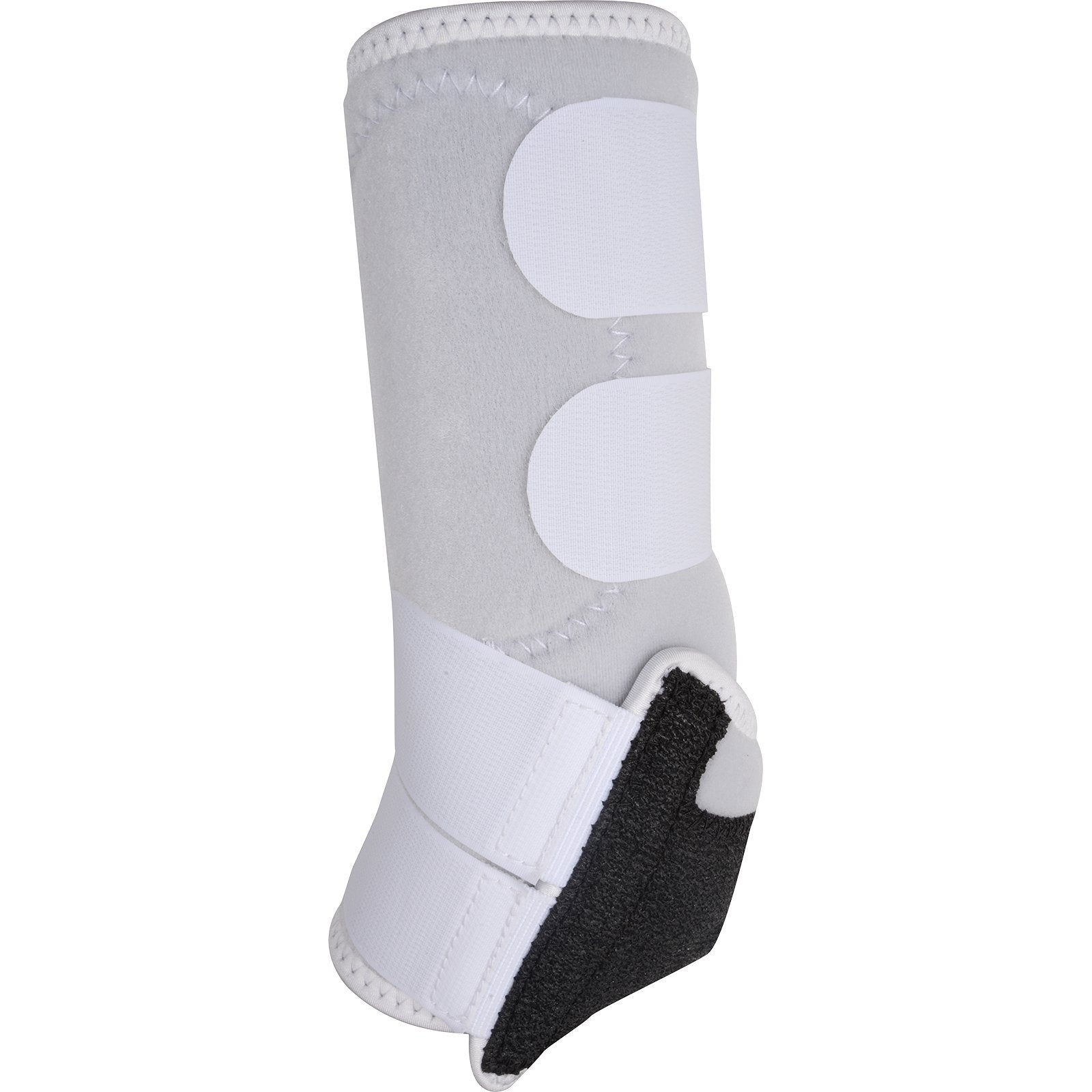 Classic Equine Legacy2 White Hind Support Boots. White protective boot with black heel tab on a white background