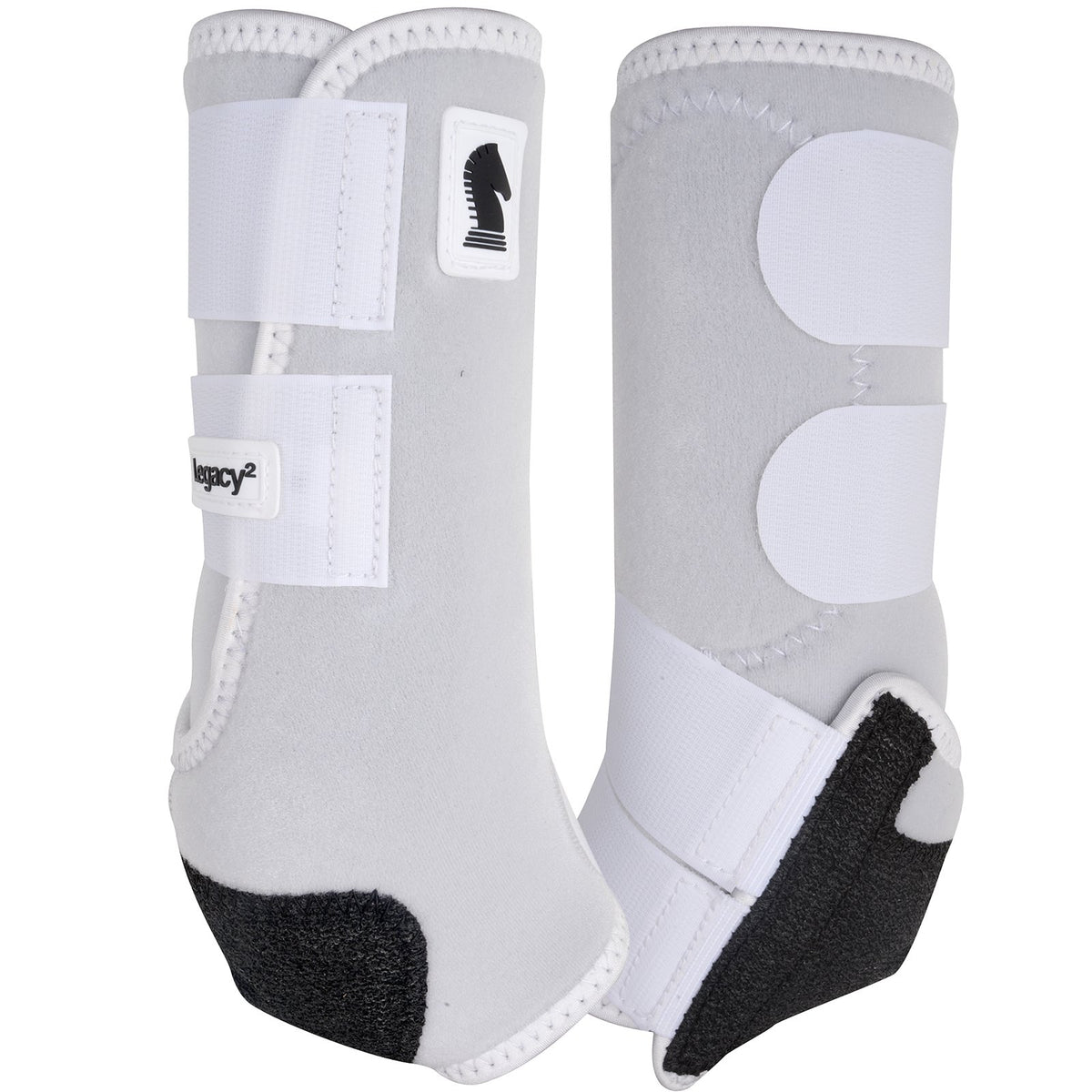 Classic Equine Legacy2 White Hind Support Boots. Pair of gray protective leg wraps with black accents on a white background