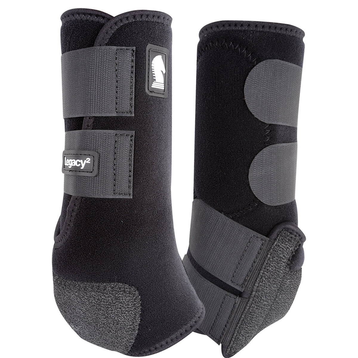 Classic Equine Legacy2 Black Hind Support Boots. Pair of black and gray protective horse boots with &#39;Legacy&#39; branding on a white background.