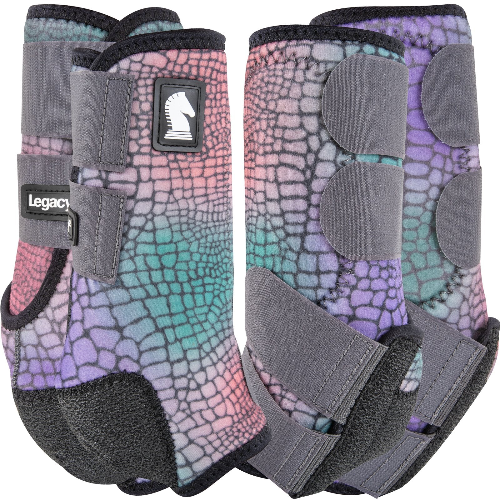 Classic Equine Legacy2 Gator Full Set Support Boots. Pair of colorful equestrian leg wraps with a patterned design on a white background.