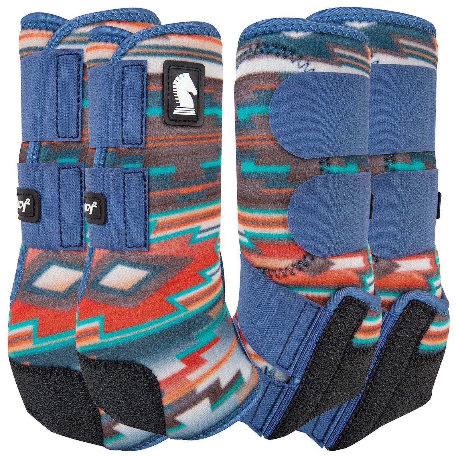 Classic Equine Legacy2 Pueblo Full Set Support Boots. Pair of protective horse boots with colorful pattern and blue straps on a white background