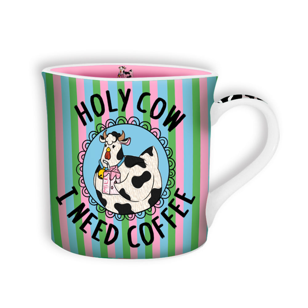 Mug with a cow illustration and text 'HOLY COW TWEED COFFEE' on a striped background