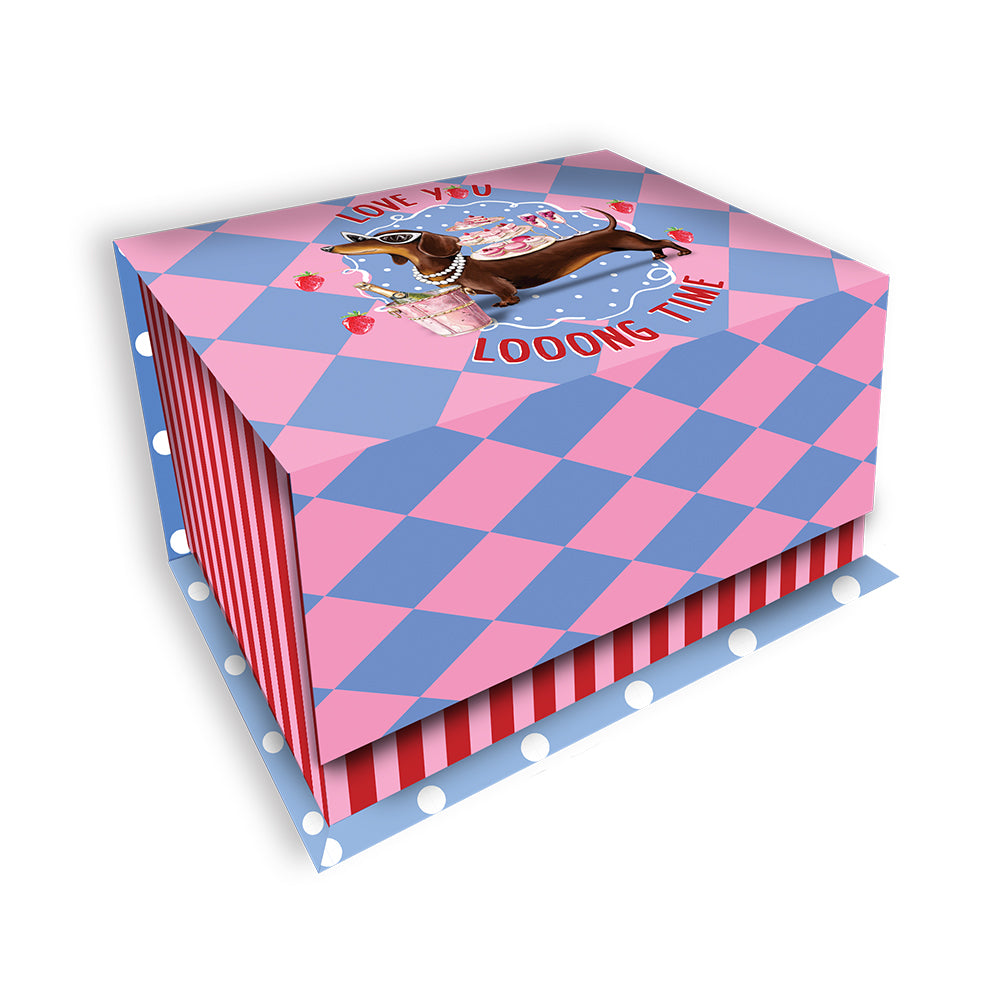 Decorative box with pink and blue checkered pattern and cartoon dog design on a white background