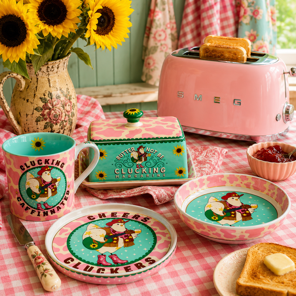 A coordinated retro-style breakfast table setting with pink and turquoise ceramic dishes, including a mug, plate, bowl, and butter dish, all featuring a cartoon character and the words 'Clucking Caffernates.' A pink Smeg toaster, sunflowers in a vase, and a red-and-white checkered tablecloth are also visible.