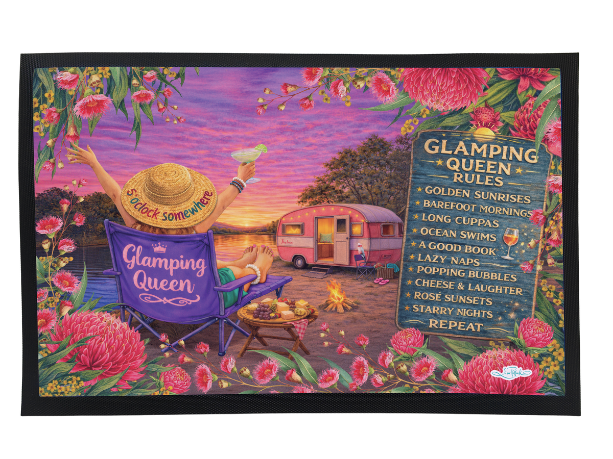 A framed art print featuring a colorful glamping scene with a person relaxing in a chair by a campsite, surrounded by flowers and a camper trailer. A large sign on the right lists 'Glamping Queen Rules' in playful text.