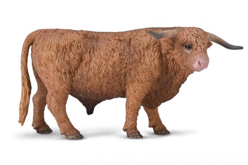 Collecta Highland Bull. A toy resembling a Highland bull with a beige and brown color scheme, standing upright against a white background.
