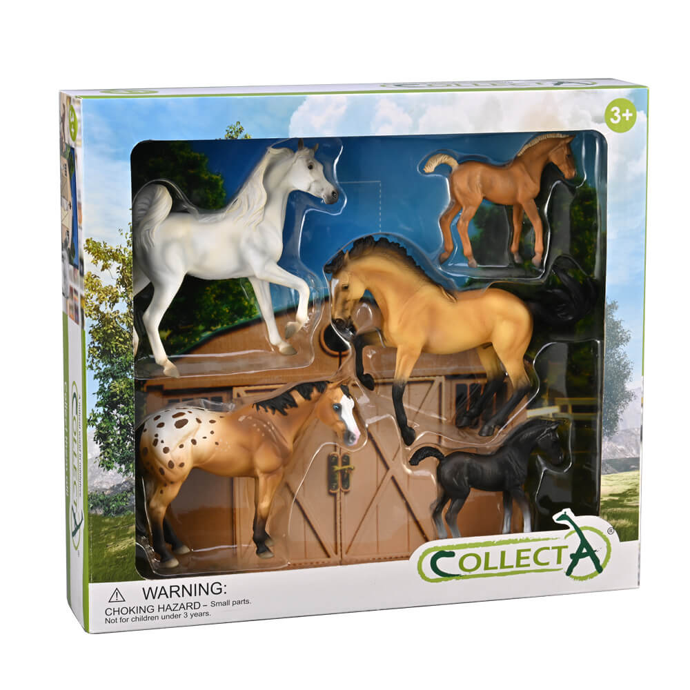 A Collecta 5-piece horse gift set displayed in its packaging, featuring various toy horse figures of different breeds and colors.