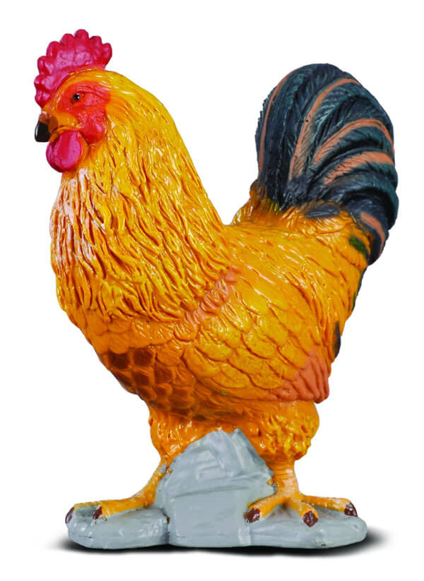 Collecta Cockerel. A toy figurine of a rooster with a predominantly yellow body, a red comb, and a black and brown tail.