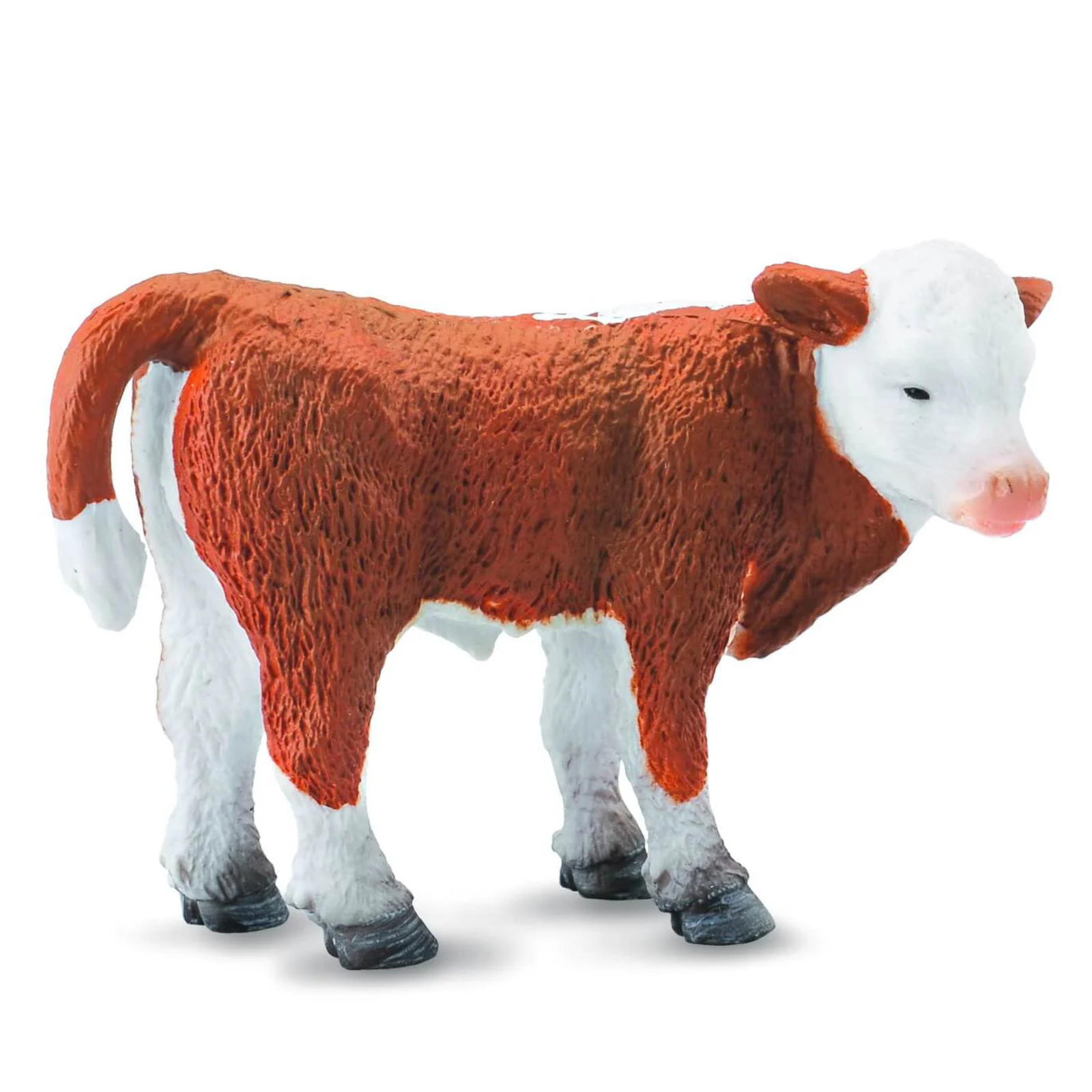 Collecta Hereford Calf Standing. Model of a cow with red-brown and white fur on a white background