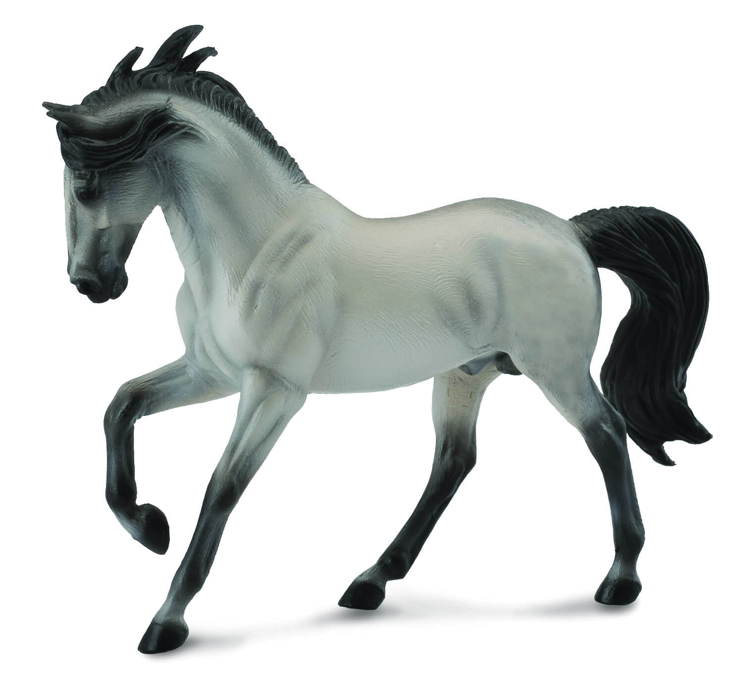 A Collecta Andalusian Stallion Grey figurine in mid-gallop pose, predominantly gray in color with black mane and tail.